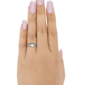 Art Deco Two Piece Wedding Ring Radiant Black Tone, Lab Created White Opal 925 Sterling Silver